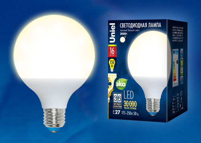 Лампа светодиодная (UL-00000775) Uniel E27 16W 3000K матовая LED-G95-16W/WW/E27/FR PLP02WH