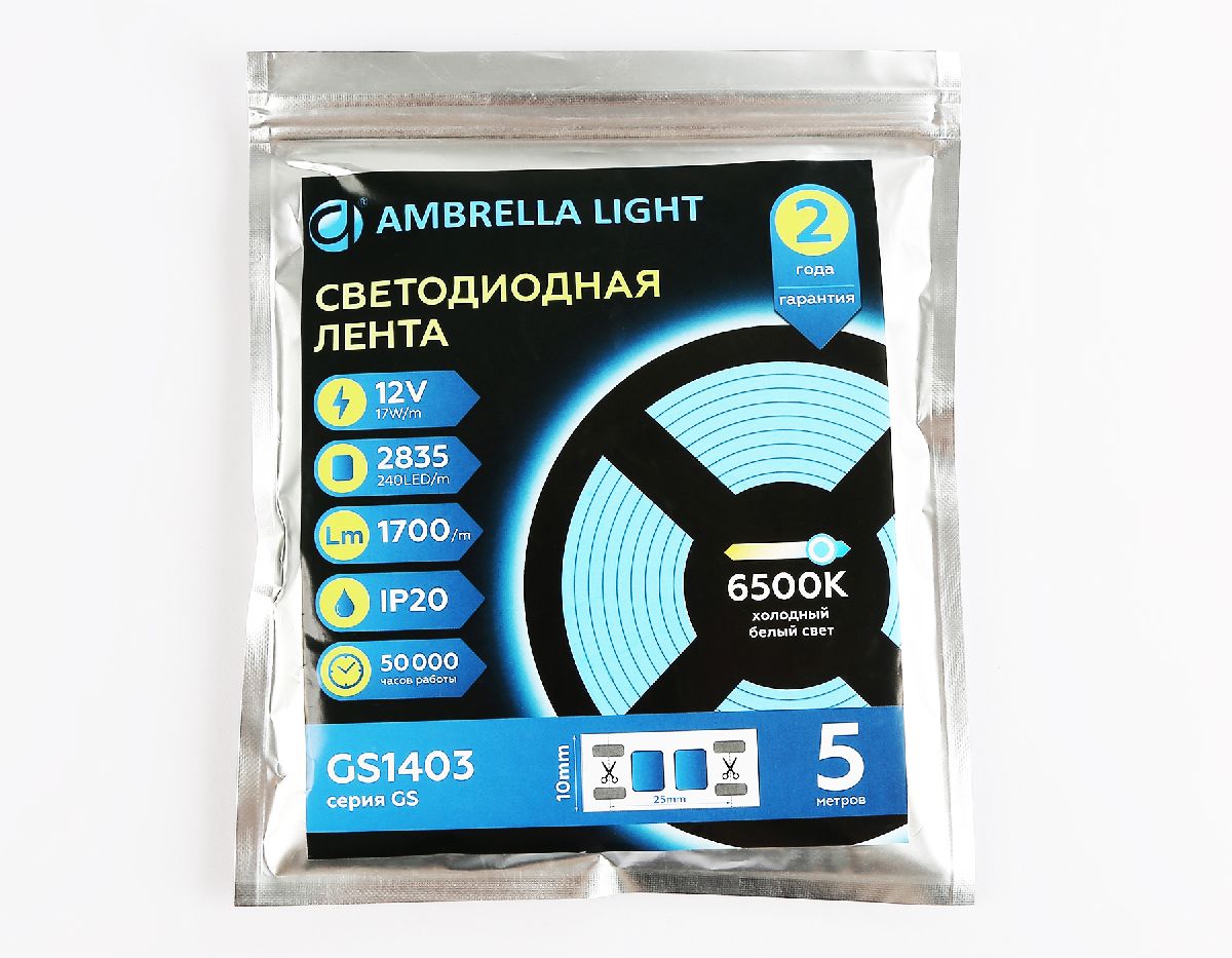 Светодиодная лента Ambrella Light LED Strip 12В 2835 17Вт/м 6500K 5м IP20 GS1403