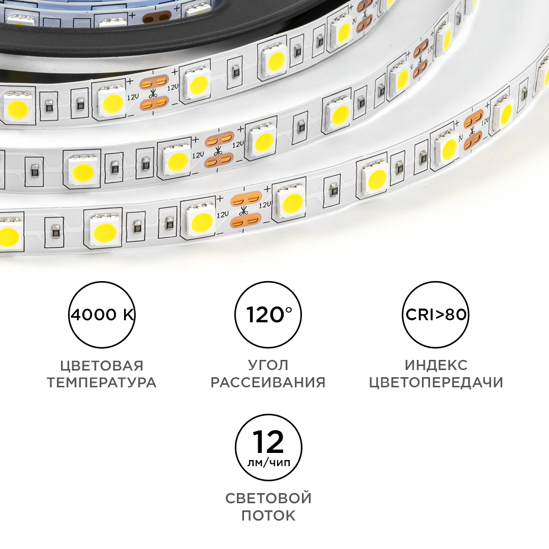 Светодиодная лента OGM 12В 5050 14,4Вт/м 4000К 12Лм/чип 5м IP20 LSE-269