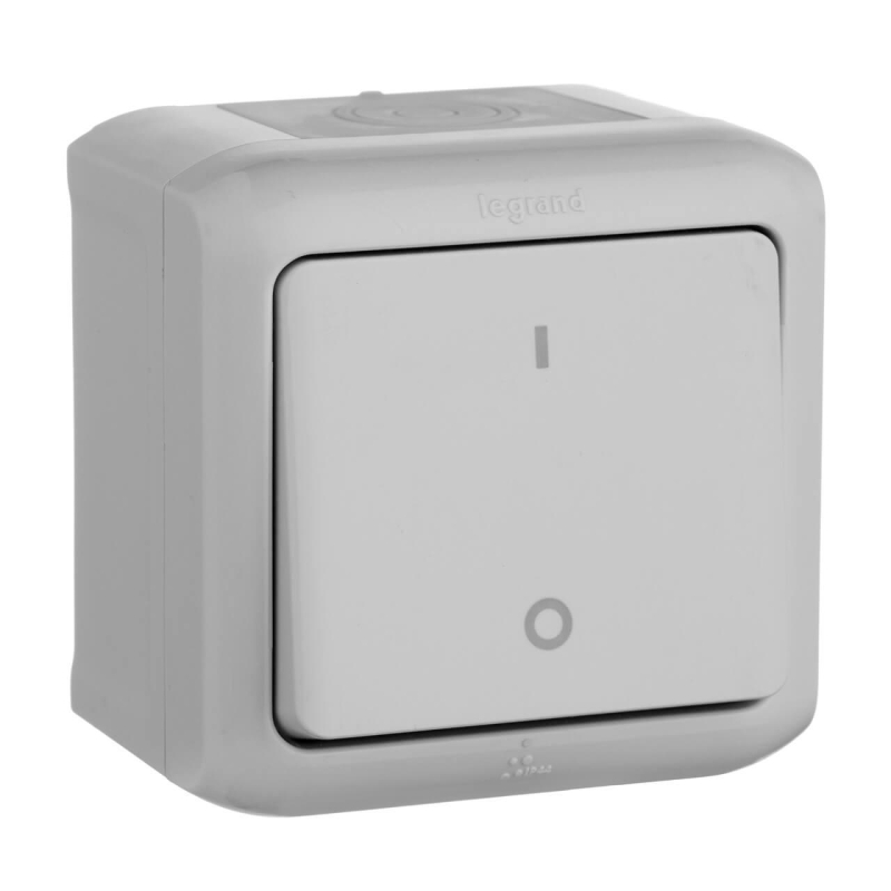 Выключатель одноклавишный двухполюсный Legrand Quteo 10A 250V IP44 серый 782339