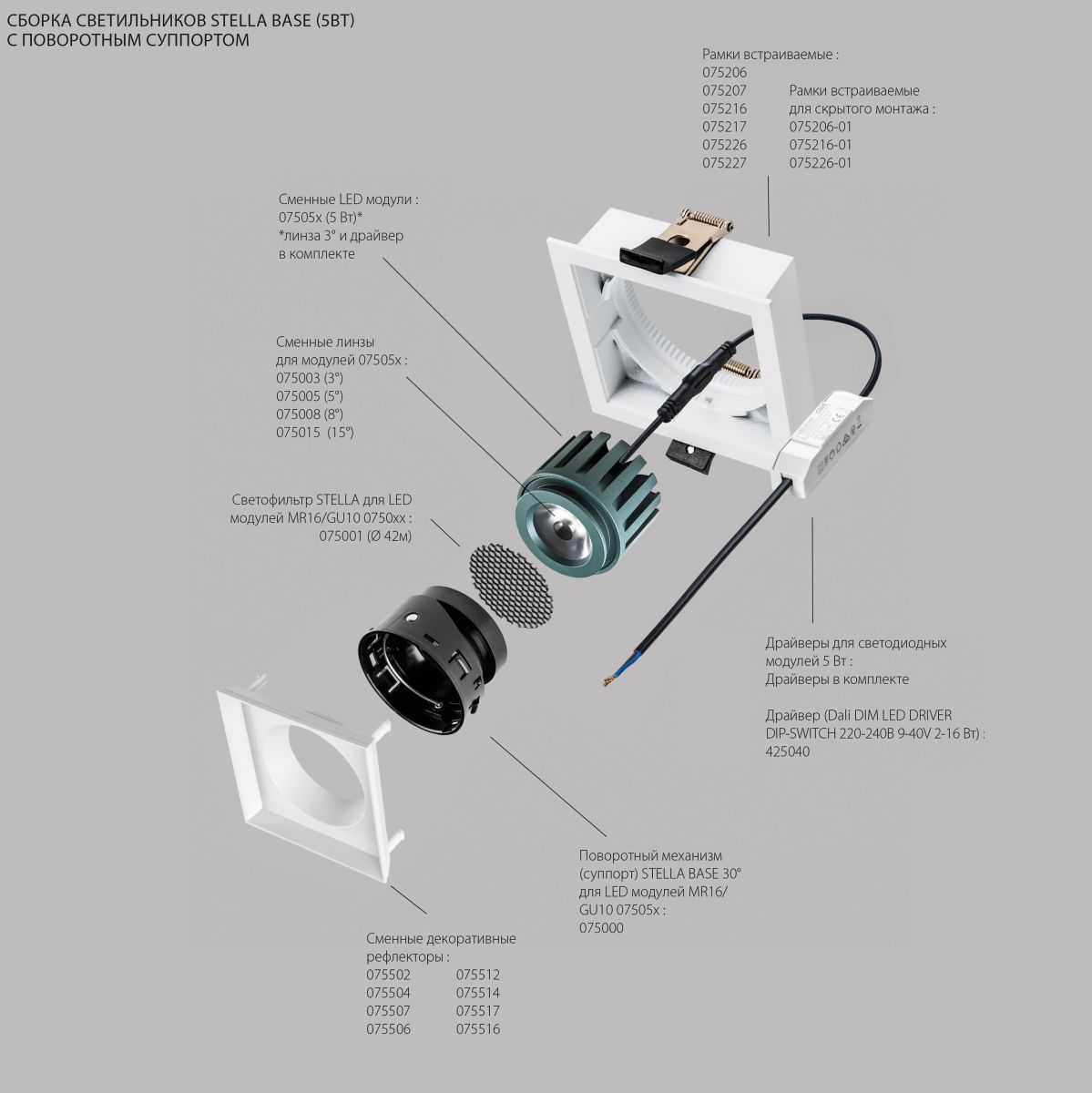 Рефлектор квадратный для рамок 07521х/07521X-01 и 07522х/07522X-01 Lightstar Stella 075516