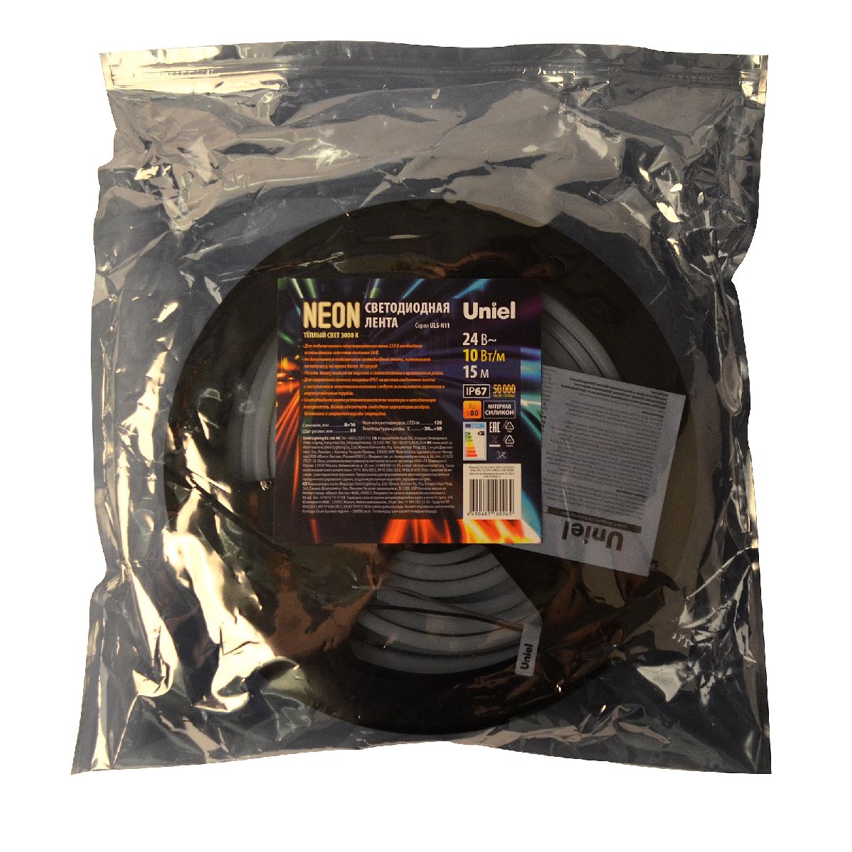 Светодиодная гибкая герметичная лента Uniel NEON ULS-N11-2835-120LED-m-8mm-IP67-DC24V-10W-m-15M-3000K 
UL-00009096