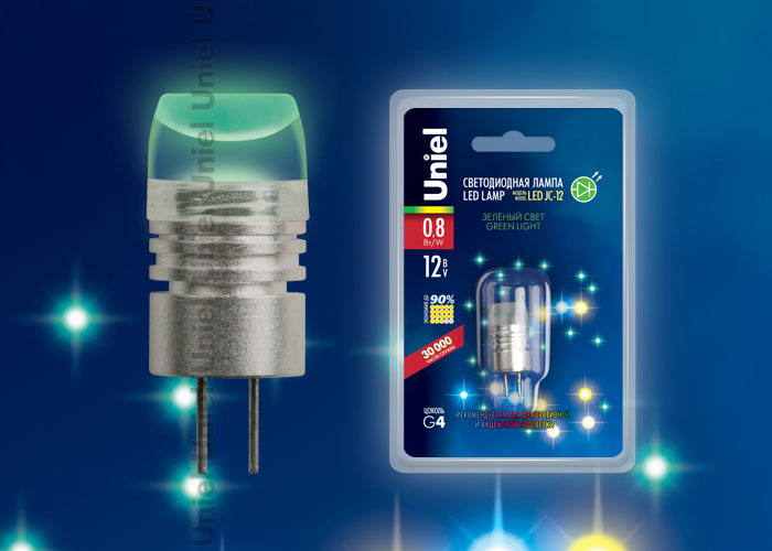 Лампа светодиодная (05858) Uniel G4 0,8W прозрачная LED-JC-12/0,8W/GREEN/G4