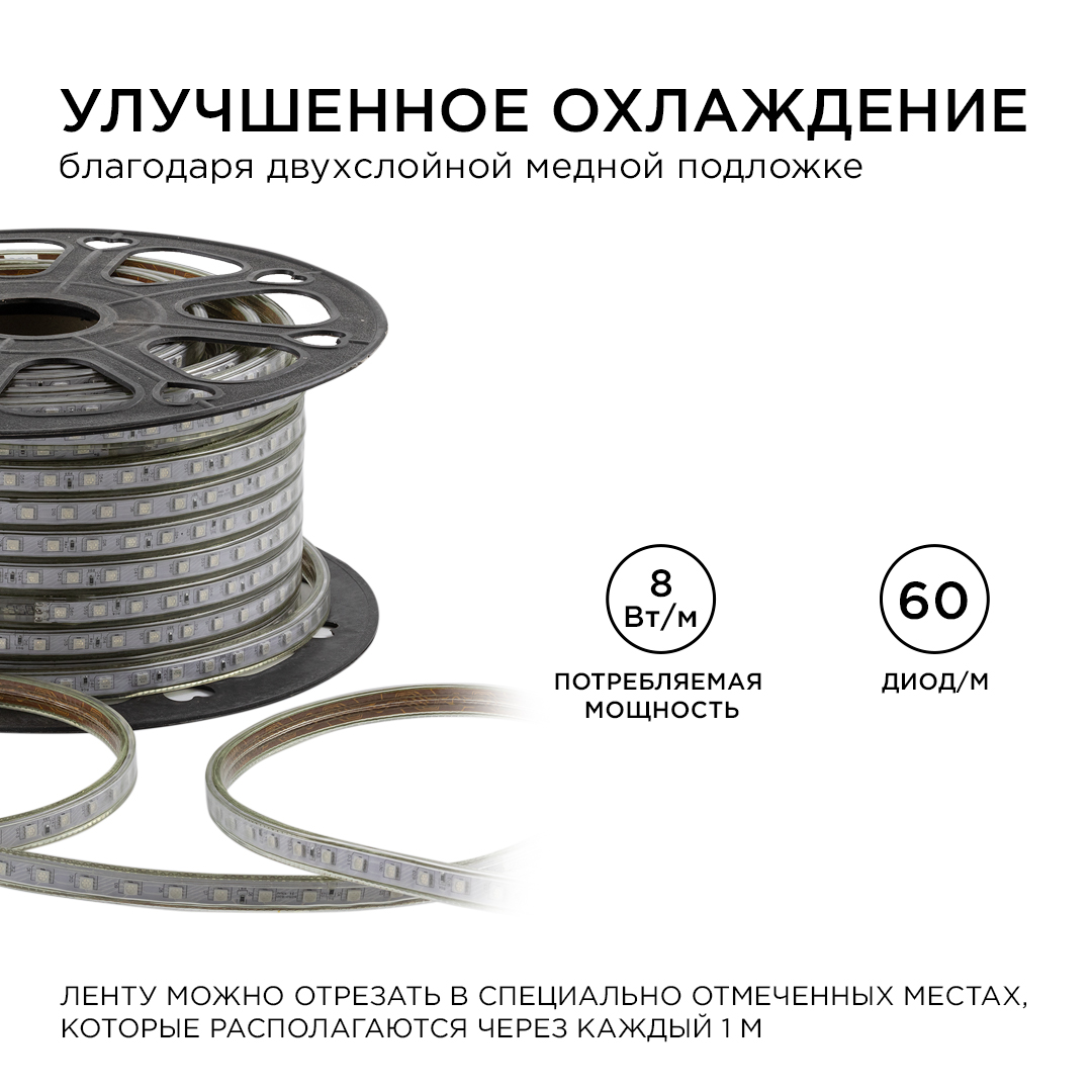 Светодиодная лента OGM Эконом 220В 5050 8Вт/м RGB 50м IP65 O17-10