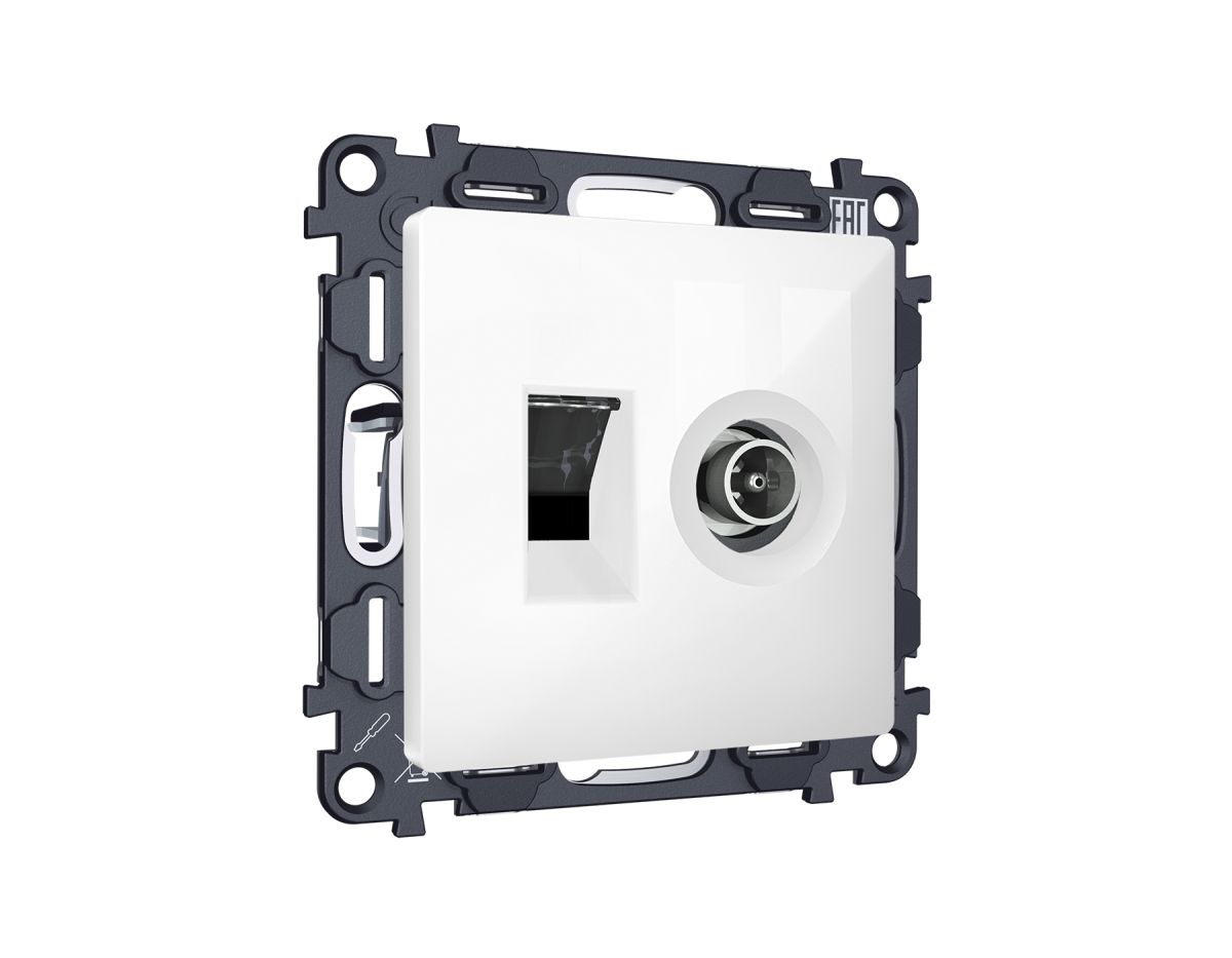 Комплект механизма розетки компьютерной + TV оконечной RJ-45 с автоматической защитной шторкой Alfa Белый глянец Quant Ambrella Volt MA112510 (AP1125, VM195)