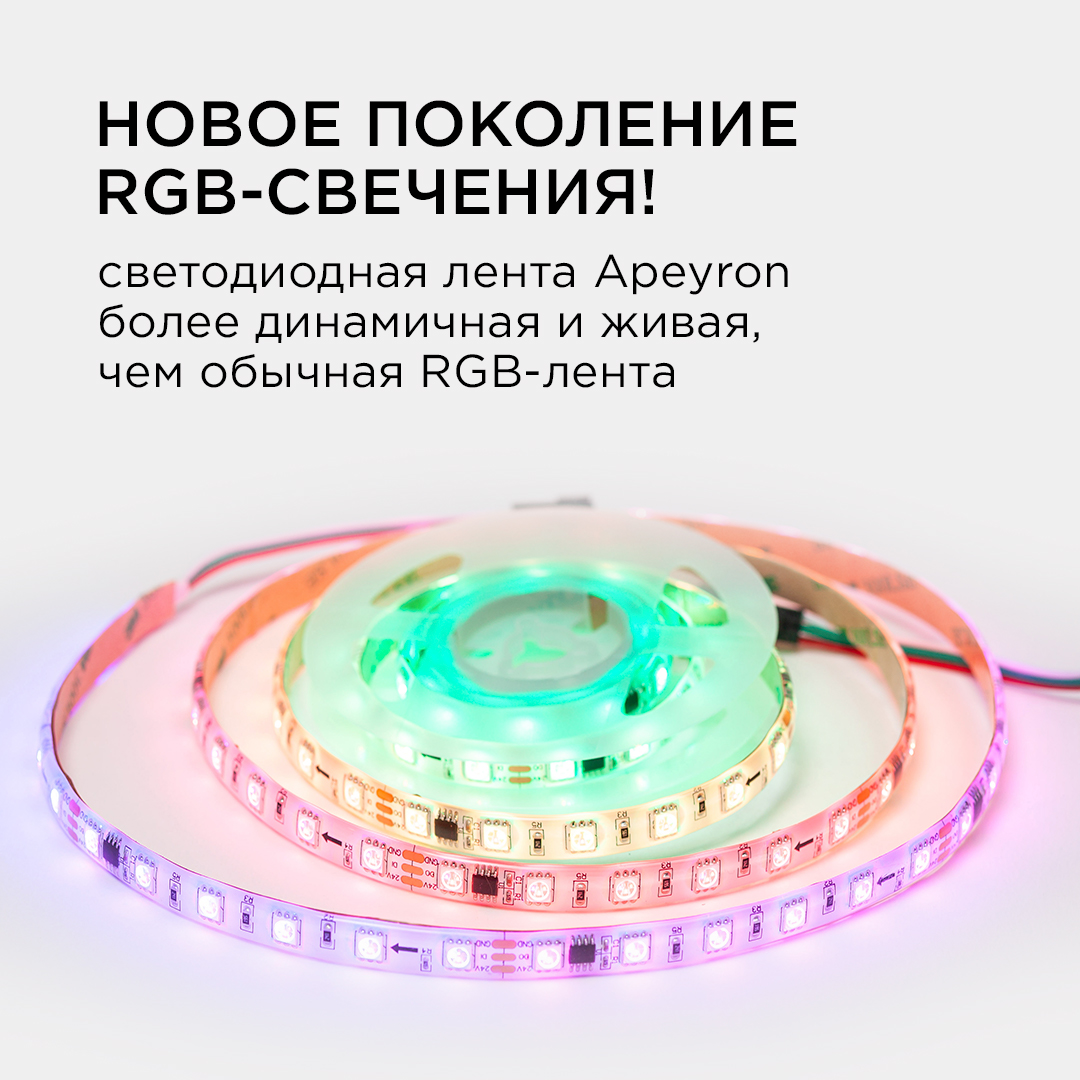Комплект адресной светодиодной ленты Apeyron 24В 14,4Вт/м smd5050 60д/м IP65 2м RGB (адаптер питания, контроллер) 10-95
