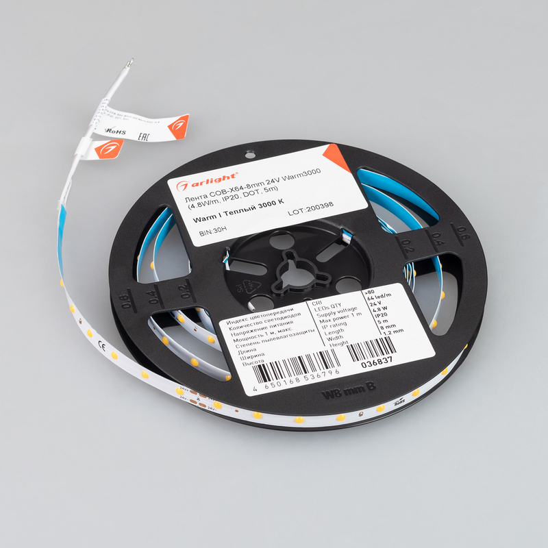 Светодиодная лента Arlight COB-X64-8mm 24V Warm3000 (4.8 W/m, IP20, DOT, 5m) 036837