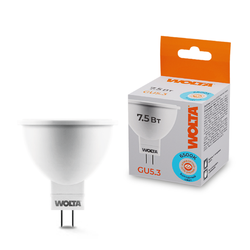 Светодиодная лампа WOLTA 7.5Вт 6500K GU5.3 матовая 25WMR16-220-7.5GU5.3