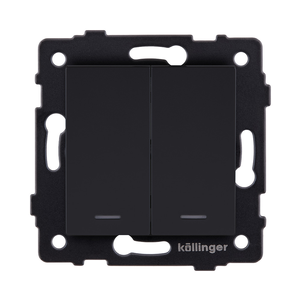 Выключатель кнопочный 2-клавишный 10А/250В с LED подсветкой, черный матовый Kollinger REA-S-014BM для Aspekt, Eleganz, Reflex