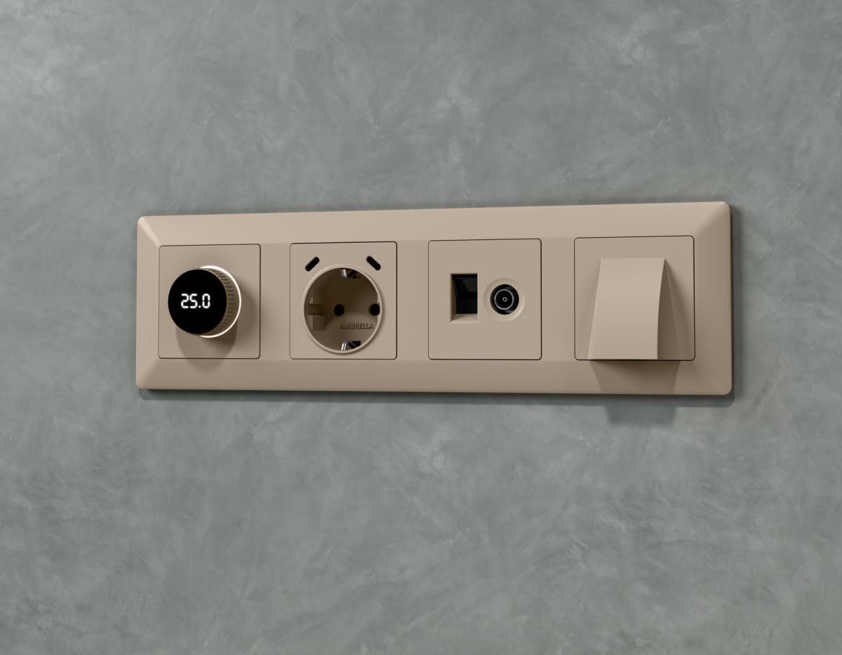 Комплект мех-ма терморегулятора с цифровым дисплеем с подсветкой и датчиком для теплого пола Alfa Серо-бежевый матовый Quant Ambrella Volt MA365810 (AP3658, VM1385)