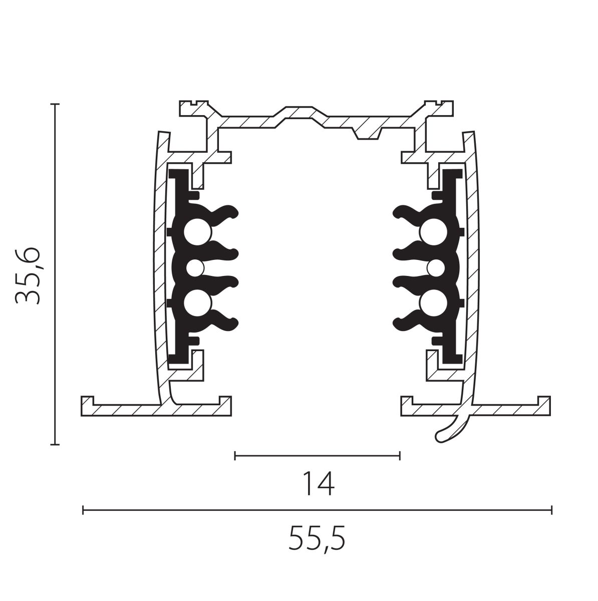 Шинопровод шестиконтактный встраиваемый трехфазный со стыковочными пазами (круглые медные жилы), 3м Lightstar Quattro/DALI/ 503035-R-DALI