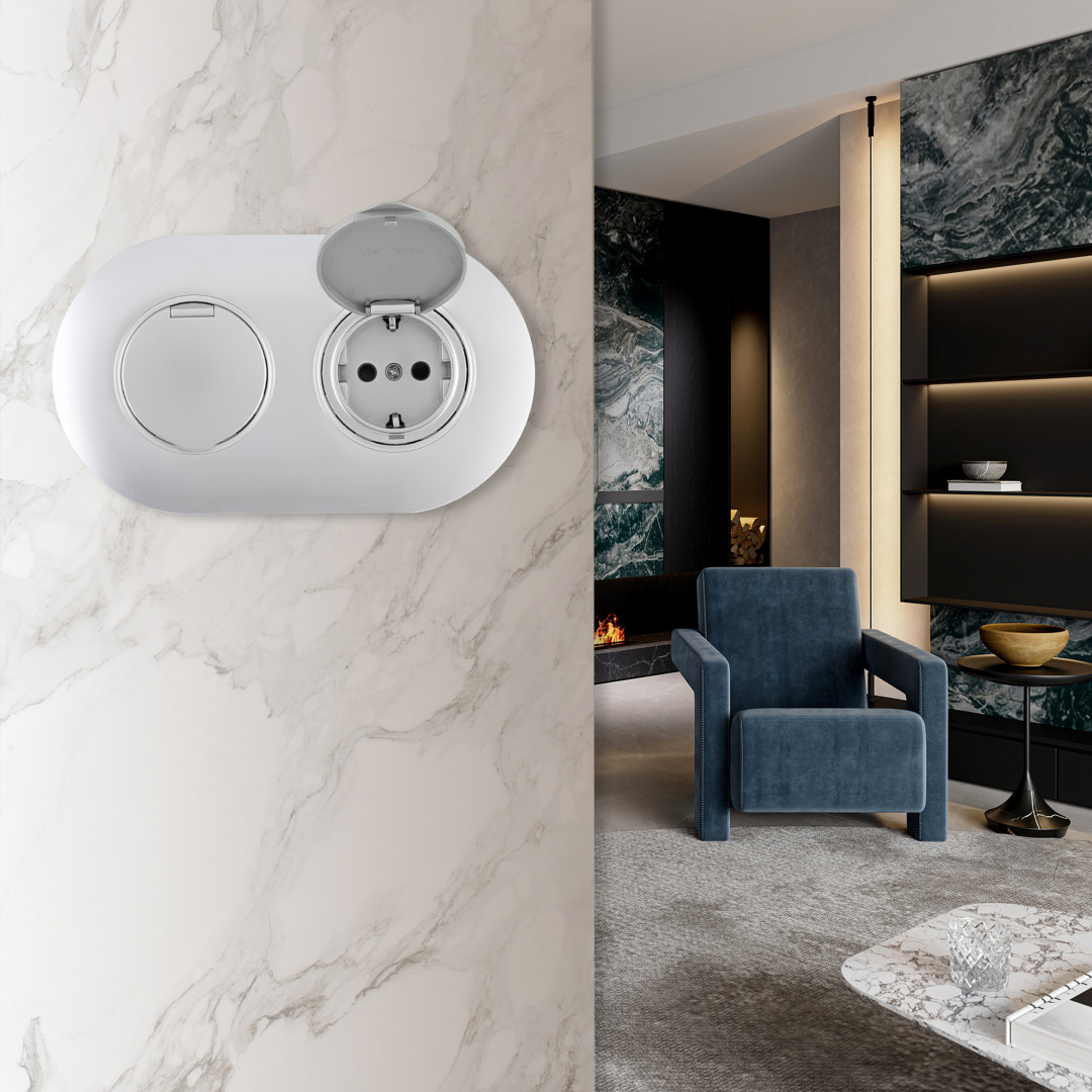 Круглая розетка двойная (двухпостовая) с/з и шторками Arte Milano SET08-2-41-1x2 silver