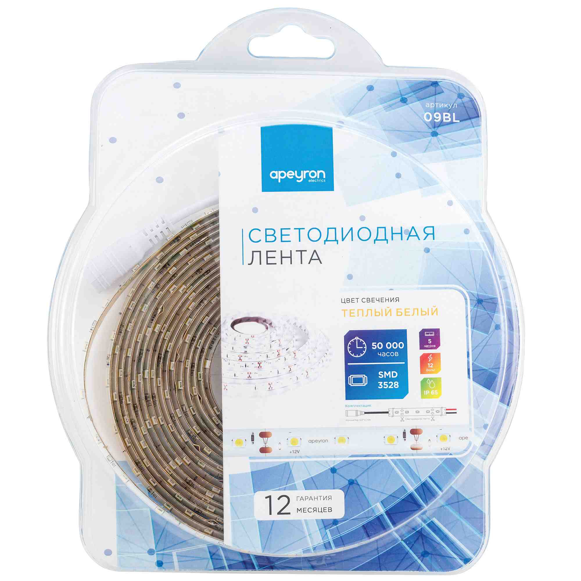 Светодиодная лента Apeyron 12В СТ 4,8Вт/м smd3528, 60д/м IP65 280Лм/м 5м 3000К 09BL