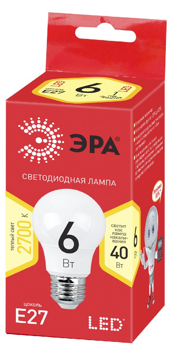 Лампа светодиодная Эра E27 6W 2700K ECO LED A55-6W-827-E27 Б0028008
